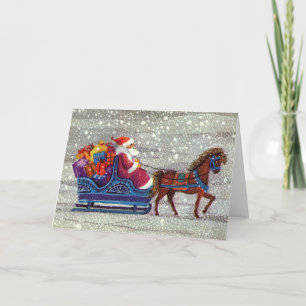 Vintage Christmas, Santa Claus Horse Open Sleigh Holiday Card