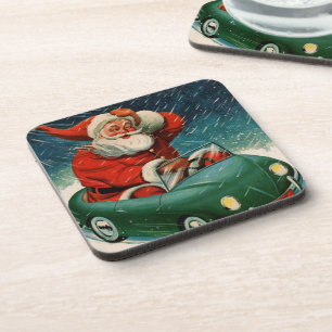Vintage Christmas, Santa Claus in a Cute Car Coaster