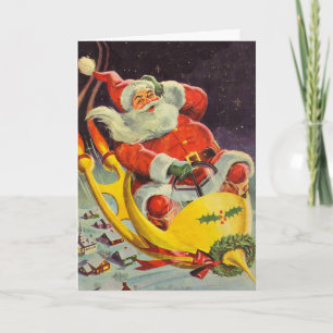 Vintage Christmas, Santa Claus in a Spaceship Holiday Card