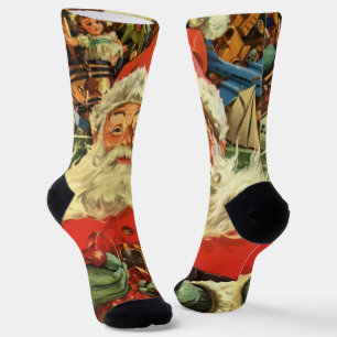 Vintage Christmas Santa Claus in Sleigh with Toys Socks