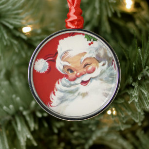 Vintage Christmas Santa Claus, Jolly and Winking Metal Tree Decoration