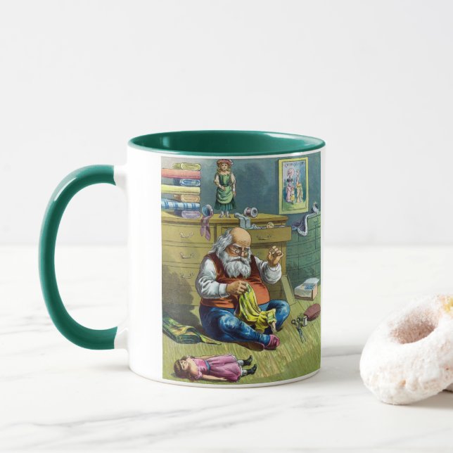 Vintage Christmas, Santa Claus Making Toy Dolls Mug (With Donut)
