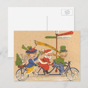 Vintage Christmas, Santa Claus Riding a Bicycle Holiday Postcard
