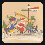 Vintage Christmas, Santa Claus Riding a Bicycle Square Sticker<br><div class="desc">Vintage illustration Merry Christmas holiday image featuring a jolly Santa Claus sitting in the centre of a triple tandem bike riding with two other people. They are all wearing hats and waving. The signs on the antique lamp post read "Good Luck" "Good Heath" and "Good Cheer" and text on the...</div>