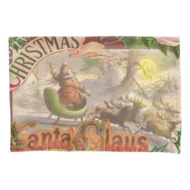 Vintage Christmas Santa Claus Sleigh Pillowcase (Front)
