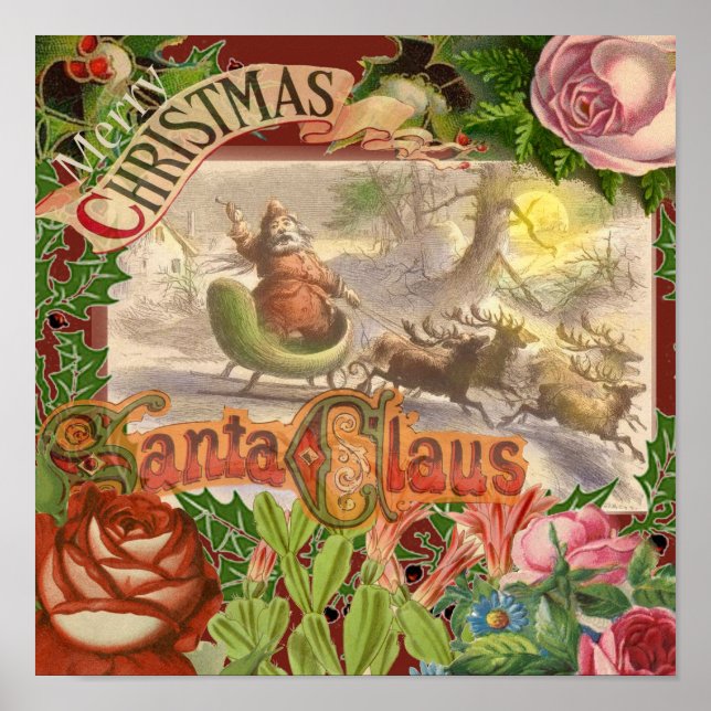Vintage Christmas Santa Claus Sleigh Poster (Front)