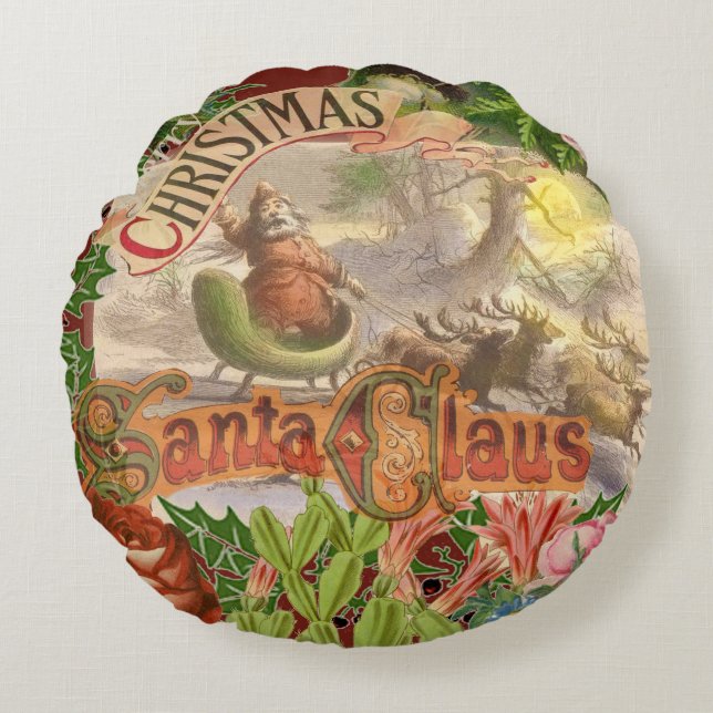 Vintage Christmas Santa Claus Sleigh Round Cushion (Front)