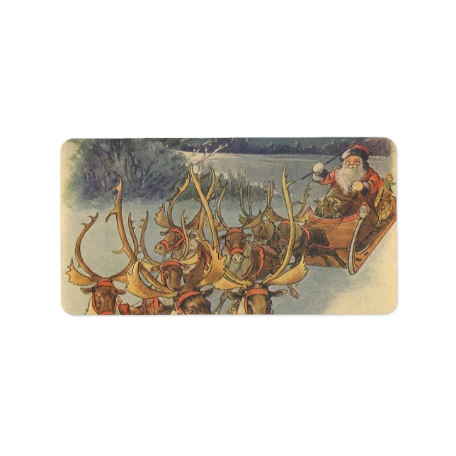 Vintage Christmas Santa Claus Sleigh with Reindeer Label (Front)