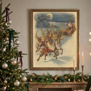 Vintage Christmas Santa Claus Sleigh with Reindeer Poster