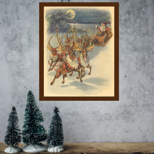 Vintage Christmas Santa Claus Sleigh with Reindeer Poster