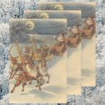 Vintage Christmas Santa Claus Sleigh with Reindeer Wrapping Paper Sheet<br><div class="desc">Vintage illustration Victorian Merry Christmas holiday scene featuring Santa Claus and his reindeer delivering toys on Christmas Eve. Santa is flying over the snow on a chilly winter night with a full moon in the sky.</div>