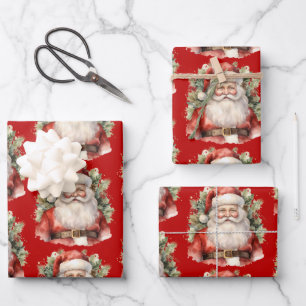 Vintage Christmas Santa Claus Smiling Pattern Wrapping Paper Sheet