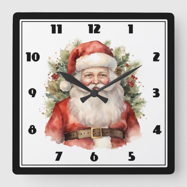 Vintage Christmas Santa Claus Smiling Square Wall Clock (Front)