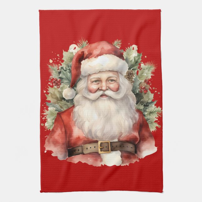 Vintage Christmas Santa Claus Smiling Tea Towel (Vertical)