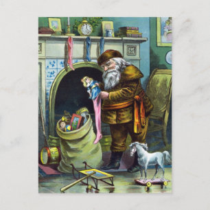 Vintage Christmas, Santa Claus Stockings with Toys Holiday Postcard