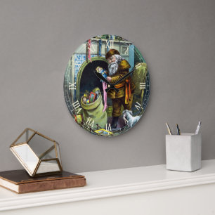 Vintage Christmas, Santa Claus Stockings with Toys Large Clock