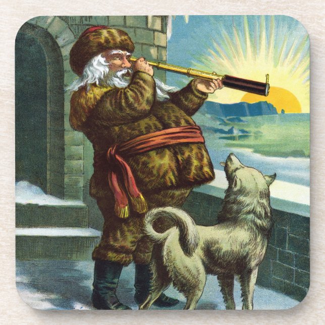 Vintage Christmas Santa Claus Telescope Dog Sunset Coaster (Front)