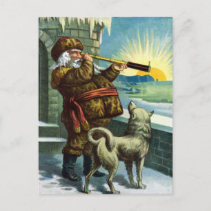 Vintage Christmas Santa Claus Telescope Dog Sunset Holiday Postcard