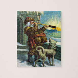 Vintage Christmas Santa Claus Telescope Dog Sunset Jigsaw Puzzle
