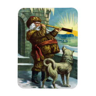 Vintage Christmas Santa Claus Telescope Dog Sunset Magnet