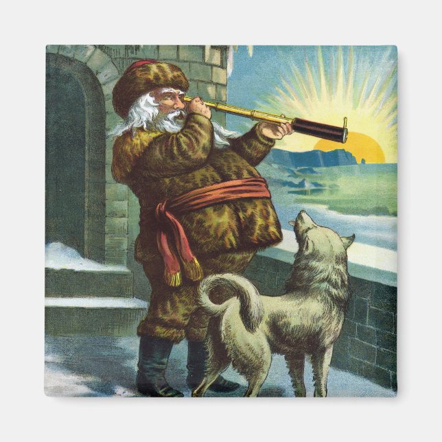 Vintage Christmas Santa Claus Telescope Dog Sunset Magnet (Front)