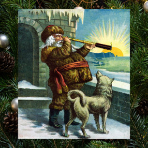 Vintage Christmas Santa Claus Telescope Dog Sunset Poster