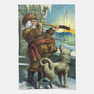 Vintage Christmas Santa Claus Telescope Dog Sunset Tea Towel