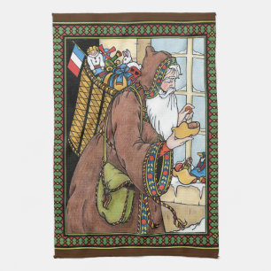 Vintage Christmas, Santa Claus Toys Clogs Shoes Tea Towel