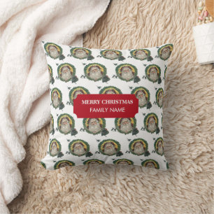 Vintage Christmas Santa Claus Turkeys Custom Name Cushion