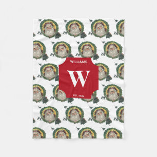 Vintage Christmas Santa Claus Turkeys Monogrammed Fleece Blanket