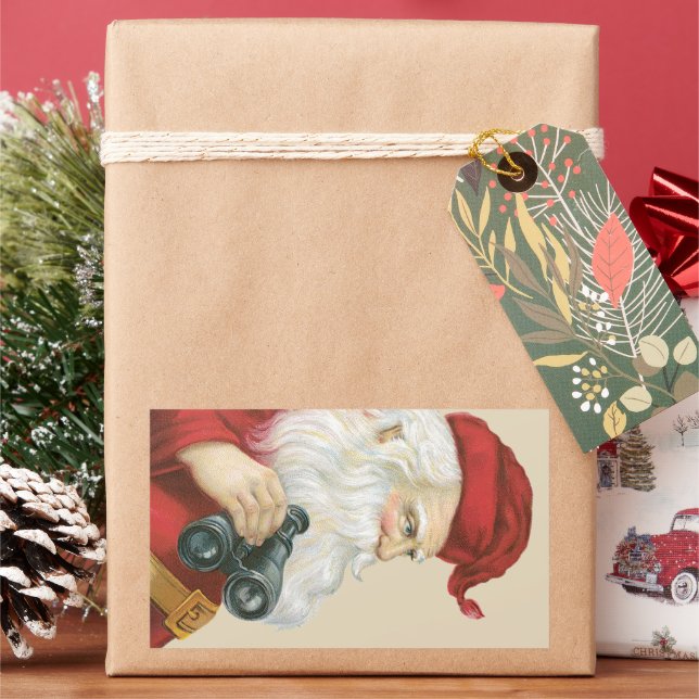 Vintage Christmas, Santa Claus with Binoculars Rectangular Sticker (Holiday)