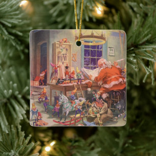 Vintage Christmas, Santa Claus with Elves Workshop Ceramic Tree Decoration
