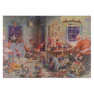 Vintage Christmas, Santa Claus with Elves Workshop Cutting Board