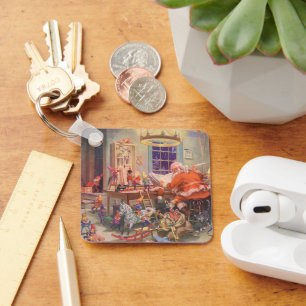 Vintage Christmas, Santa Claus with Elves Workshop Key Ring