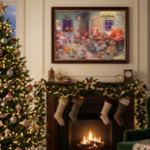 Vintage Christmas, Santa Claus with Elves Workshop