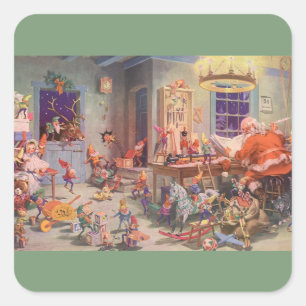 Vintage Christmas, Santa Claus with Elves Workshop Square Sticker