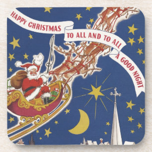 Vintage Christmas Santa Claus With Flying Reindeer Coaster