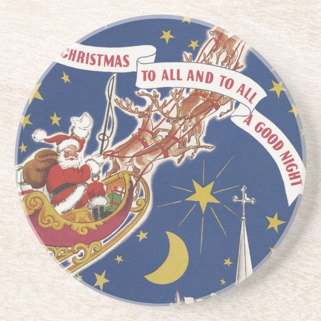 Vintage Christmas Santa Claus With Flying Reindeer Coaster (Front)