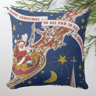 Vintage Christmas Santa Claus With Flying Reindeer Cushion