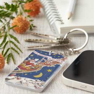 Vintage Christmas Santa Claus With Flying Reindeer Key Ring