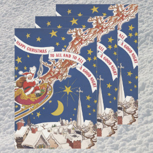 Vintage Christmas Santa Claus With Flying Reindeer Wrapping Paper Sheet