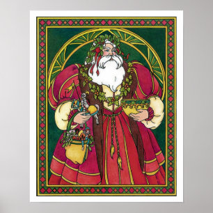 Vintage Christmas, Santa Claus with Holly Leaves Poster