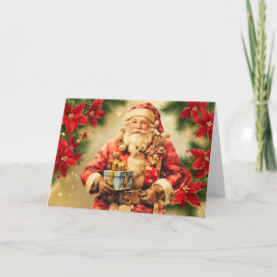 Vintage Christmas Santa Claus with Poinsettia  Holiday Card