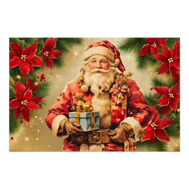Vintage Christmas Santa Claus with Poinsettia  Poster (Front)