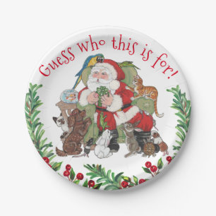 Vintage Christmas Santa Cute Pets Dog Cat Gift Paper Plate