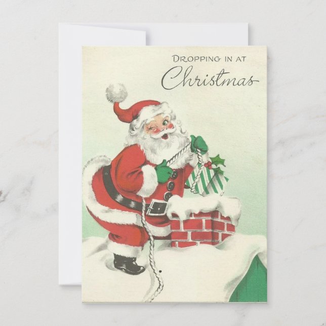 Vintage Christmas Santa Dropping In Holiday Card (Front)