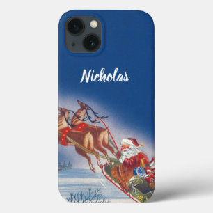 Vintage Christmas, Santa Flying Sleigh w Reindeer iPhone 13 Case