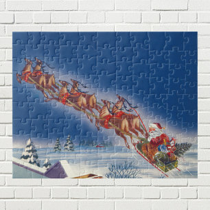 Vintage Christmas, Santa Flying Sleigh w Reindeer Jigsaw Puzzle