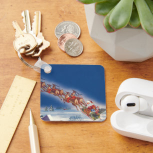 Vintage Christmas, Santa Flying Sleigh w Reindeer Key Ring