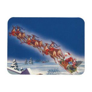 Vintage Christmas, Santa Flying Sleigh w Reindeer Magnet